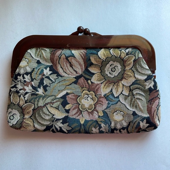 VTG Cottagecore Clutch Woven Jacquard Tapestry Purse Floral Mauve Bag Kiss 90s - Picture 1 of 14